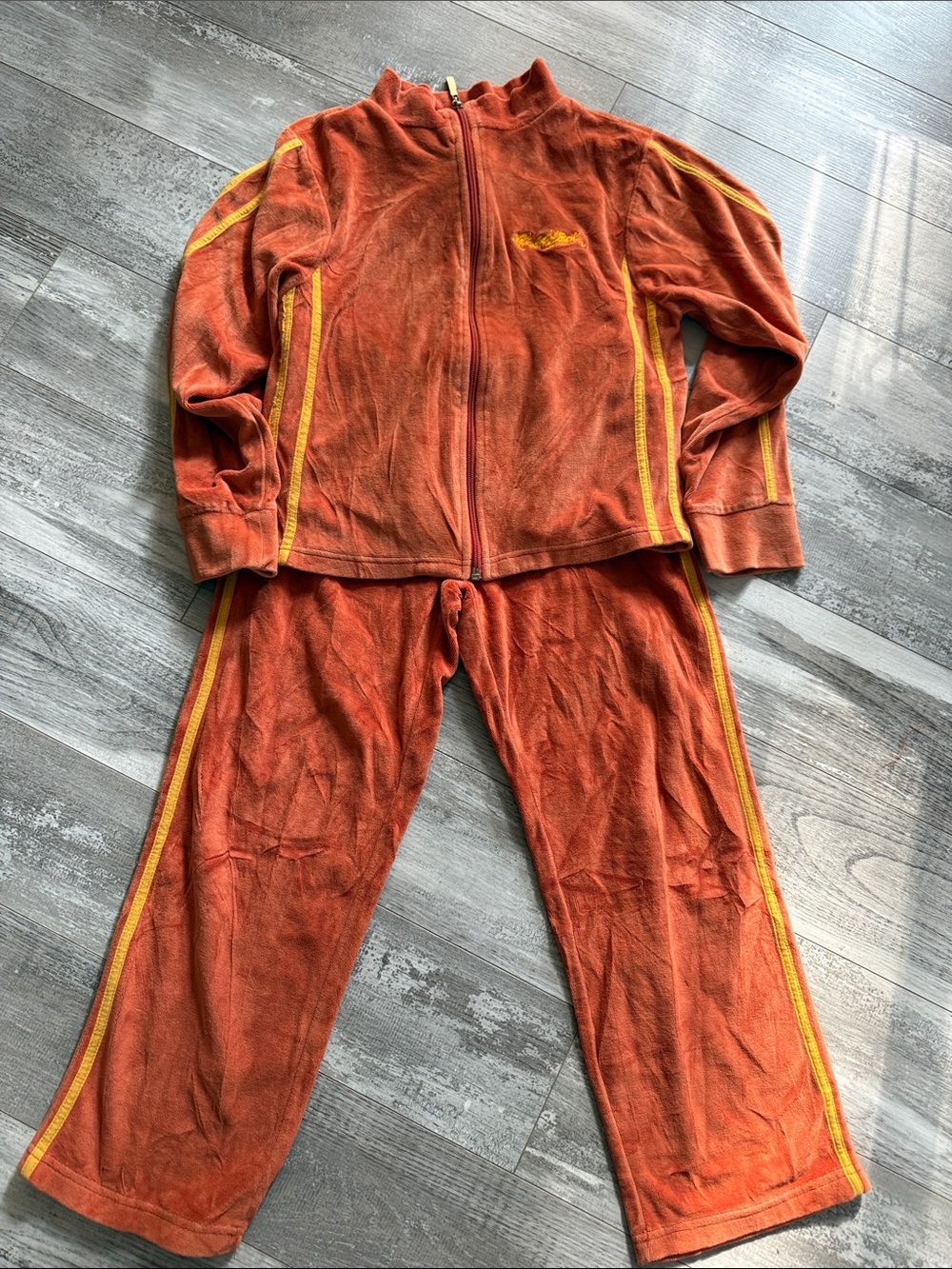 Vintage Hale Bob Rust Orange Velour Zip-Up Set with Yellow Stripes